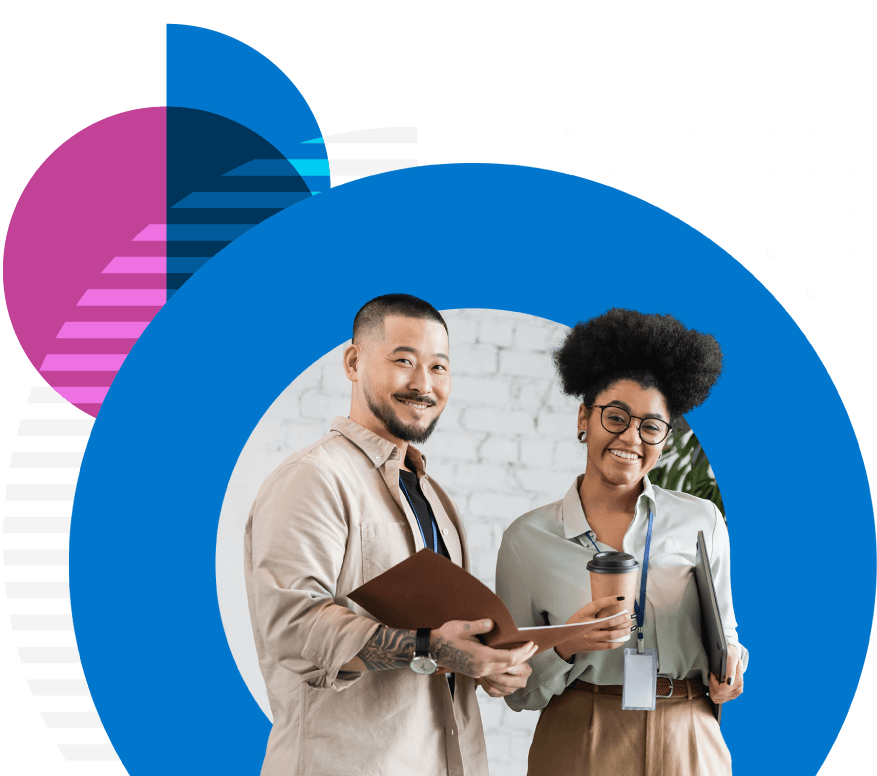 Best learning platforms for skill development 2025 | Two happy employees chatting with papers and coffee