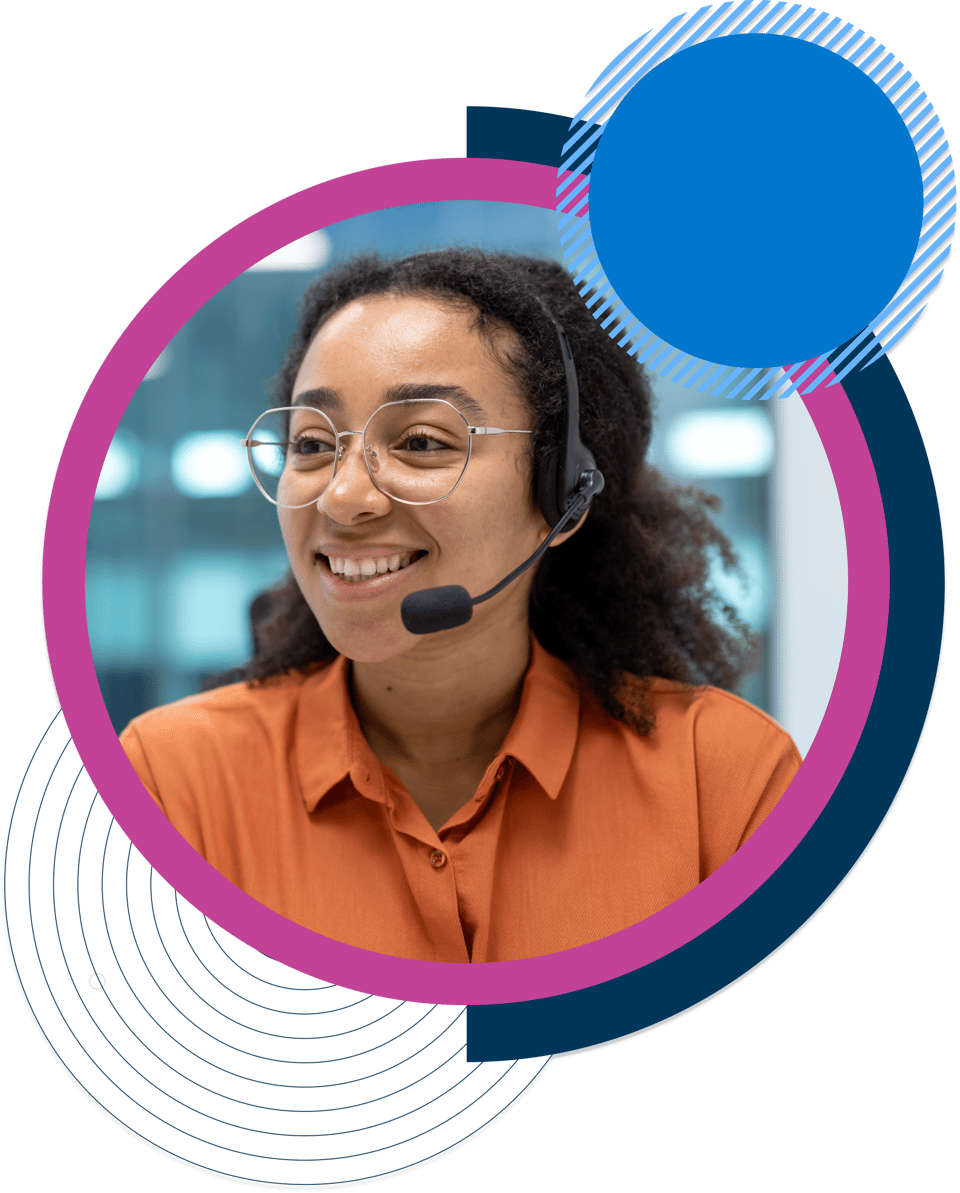 Female contact centre worker smiling wearing headset