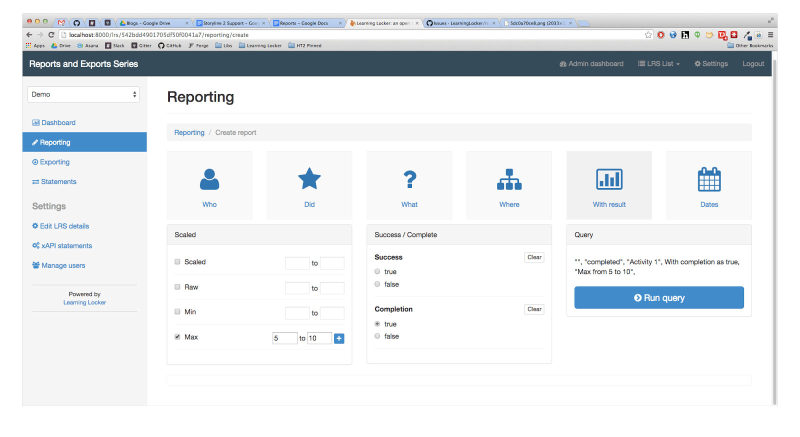reports and exports series dashboard with result category